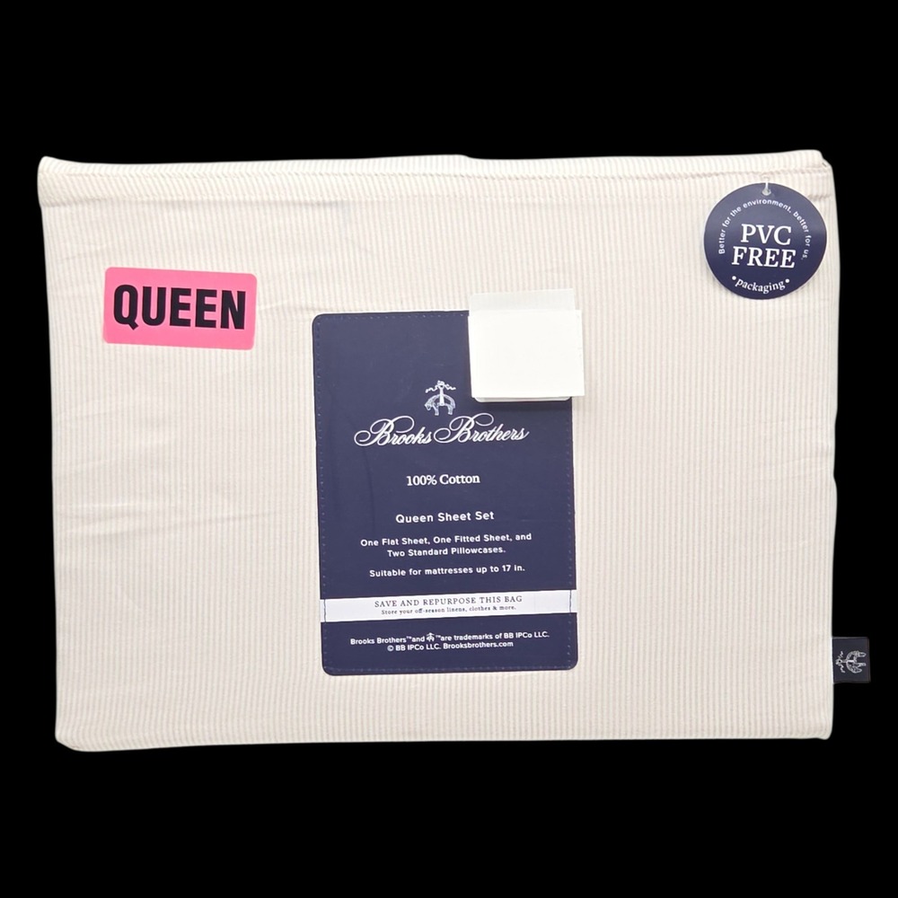 Brooks Brothers Striped Cotton Queen Sheet Set of 4pc White Taupe